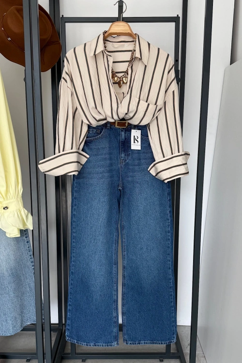 Çizgili Diagonal Gömlek Krem