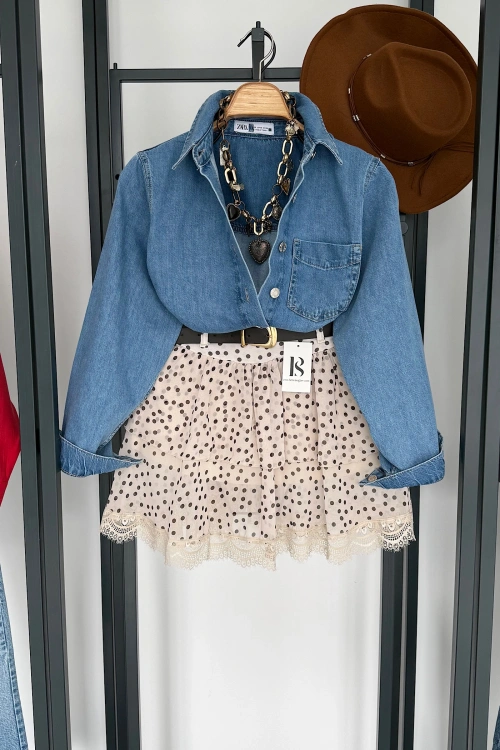 Kendinden Kemerli Puantiyeli Şifon Etek Bej