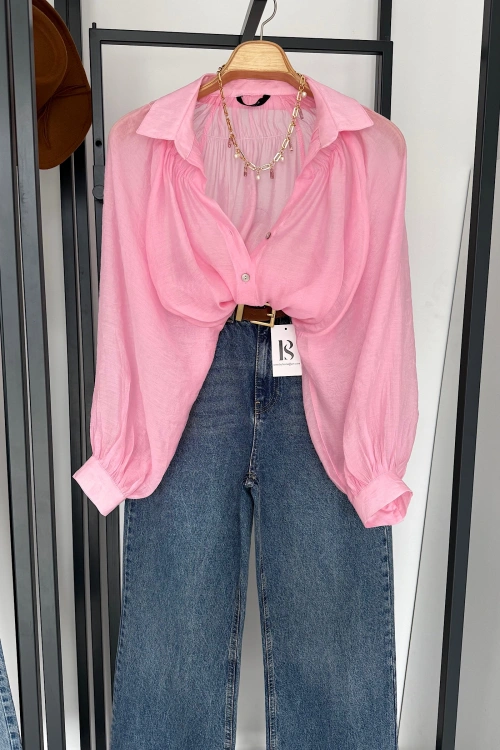 Balon Kol Dökümlü Gömlek Pembe