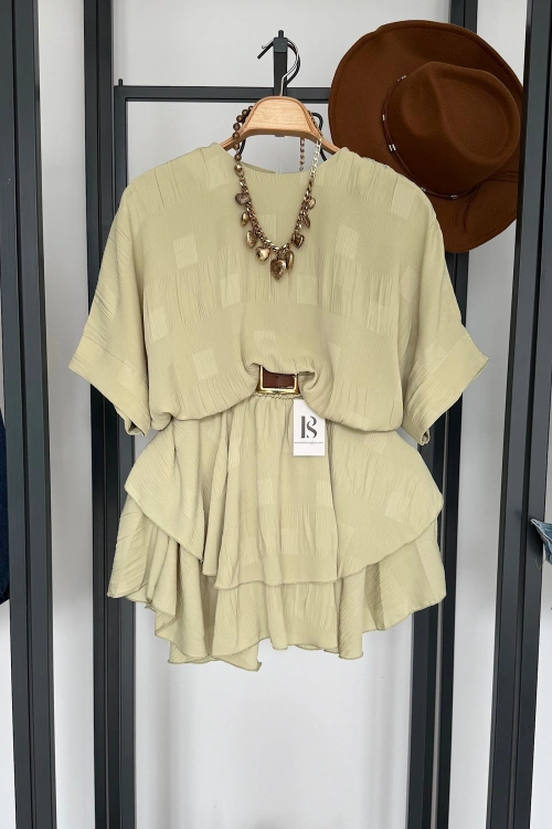 Eteği Katlı Mini Elbise Yeşil