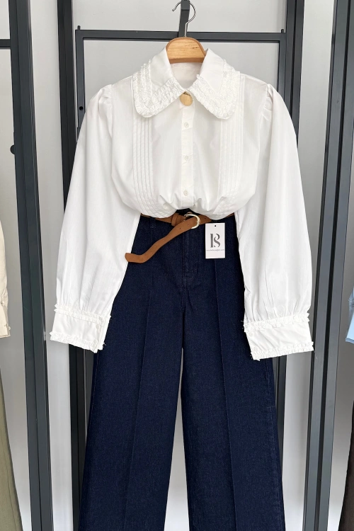 Yaka Desenli Gömlek Beyaz