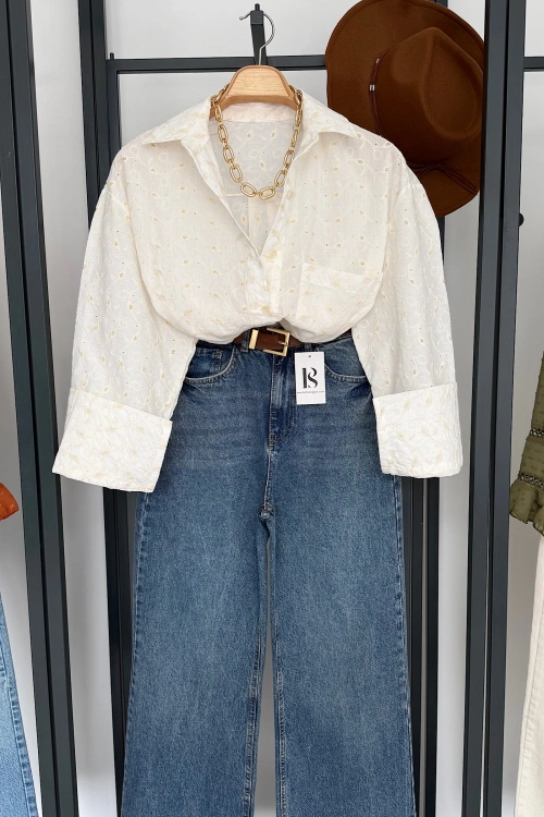 Tek Cep Desenli Gömlek Ekru