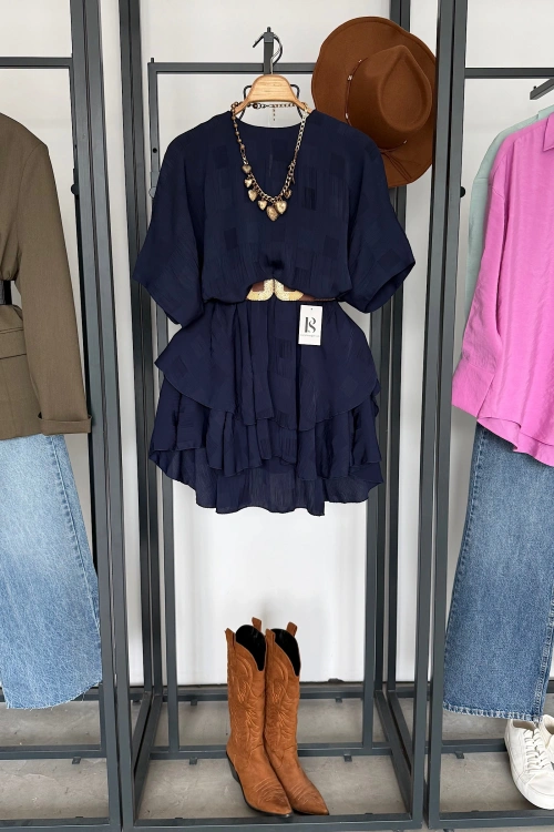 Eteği Katlı Mini Elbise Lacivert