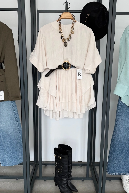 Eteği Katlı Mini Elbise Krem