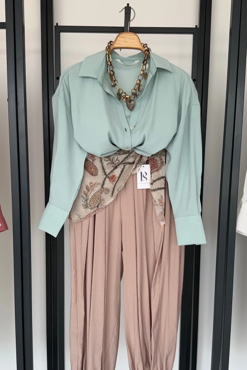 Modal V Yaka Gömlek Mint