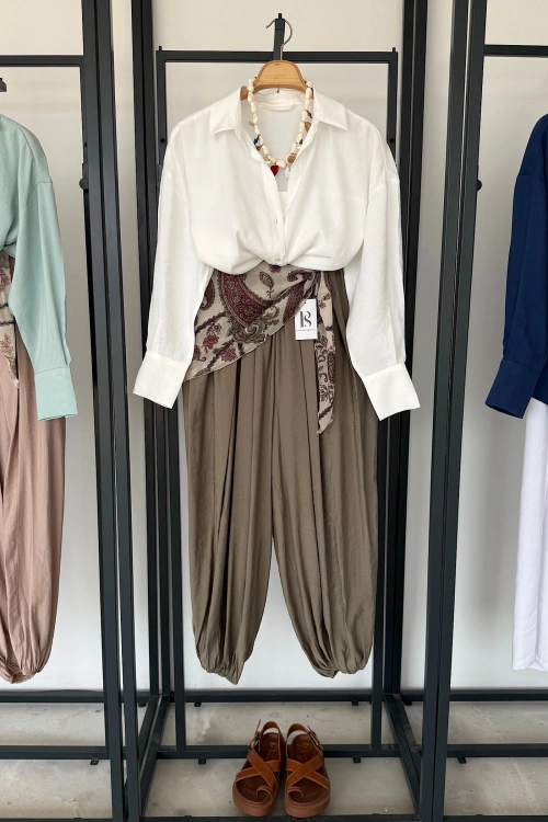 Kendinden Şal Detaylı Şalvar Pantolon Haki