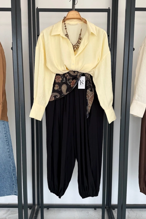 Kendinden Şal Detaylı Şalvar Pantolon Siyah