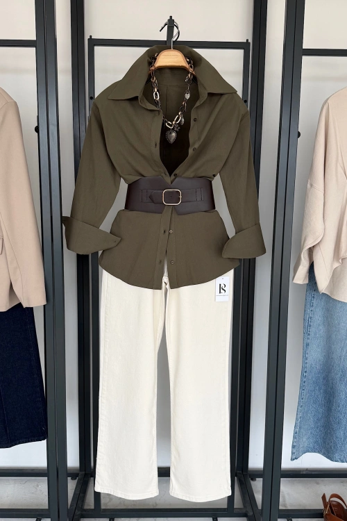 Korse Kemerli Basic Gömlek Haki