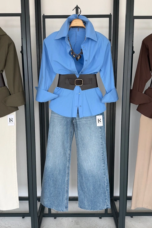 Korse Kemerli Basic Gömlek Mavi