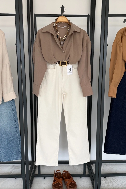 Modal V Yaka Gömlek Vizon