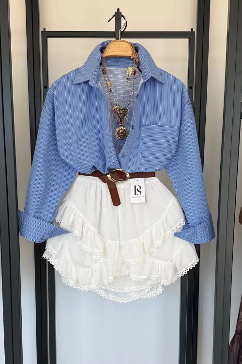 Oversize Çizgili Cepli Gömlek Bebe Mavi