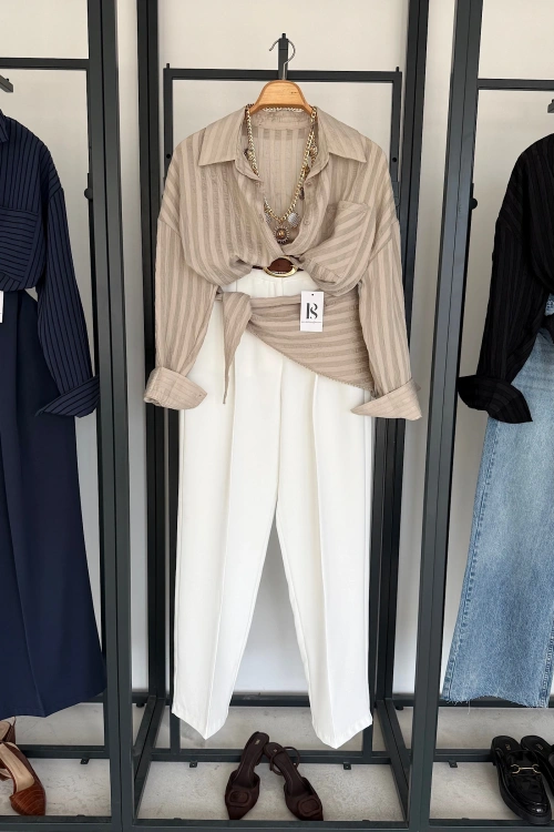 Bağlama Detaylı Çizgili Gömlek Taş