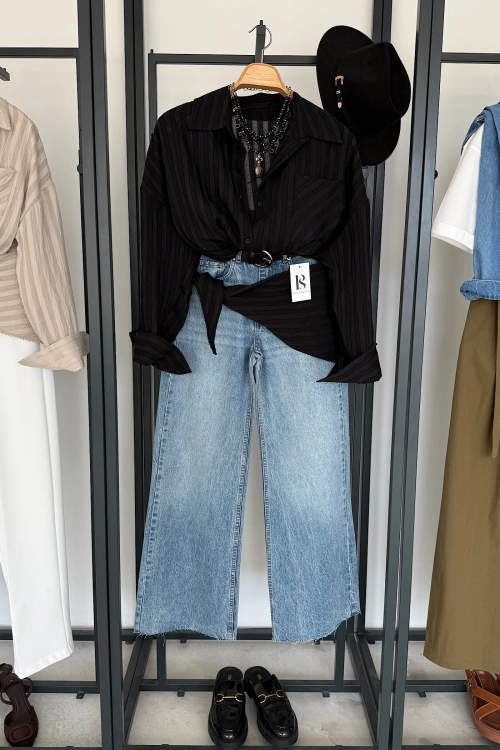 Bağlama Detaylı Çizgili Gömlek Siyah