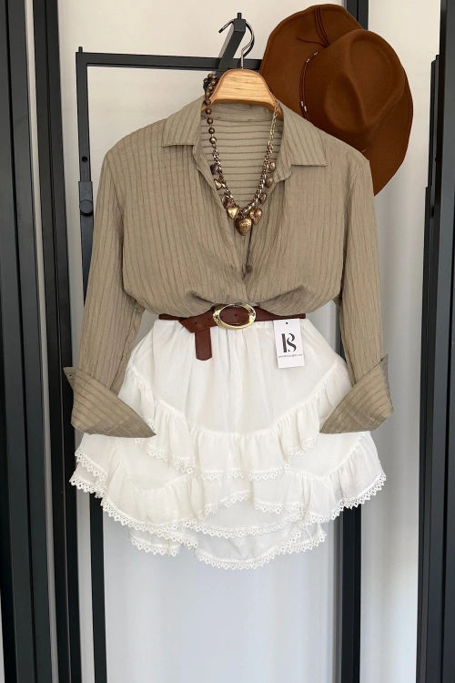 Kendinden İnce Çizgili Gömlek Su Yeşili