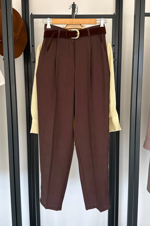 Süet Kemerli Pantolon Kahverengi