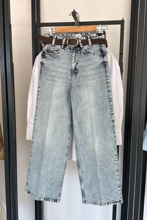 Kemerli Wide Leg Jean Açık Mavi