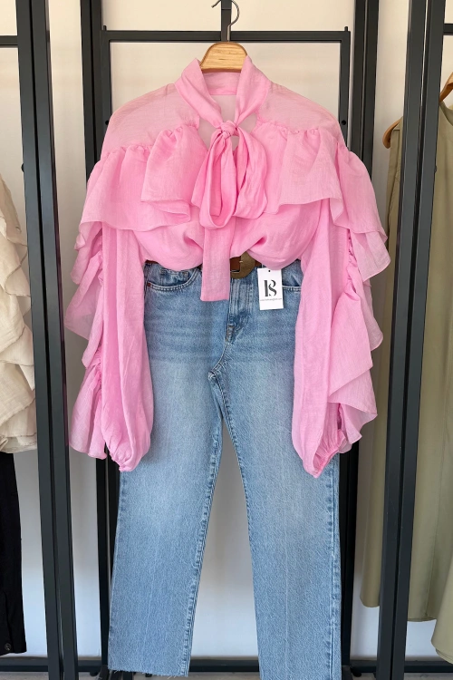 Fular Yaka Romantik Kesim Gömlek Pembe