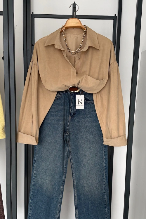 Arkadan Düğmeli Gömlek Bej