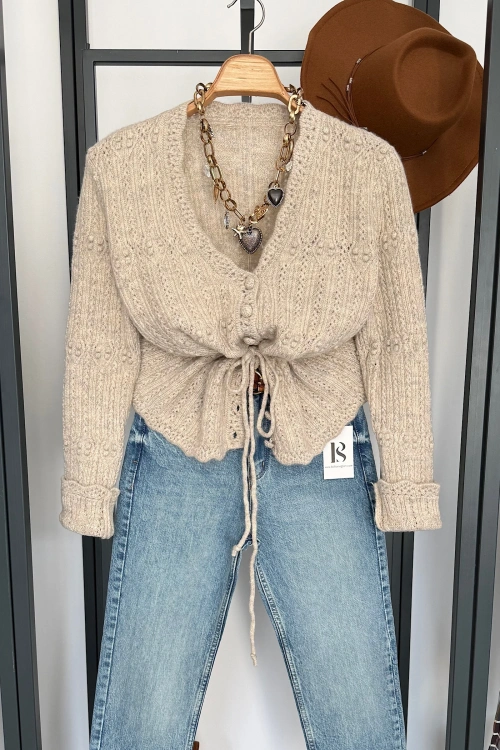 Bağcık Bağlamalı Hırka Bej