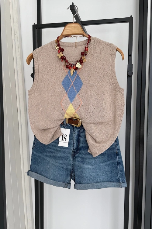 Baklava Desen Kolsuz Triko Taş