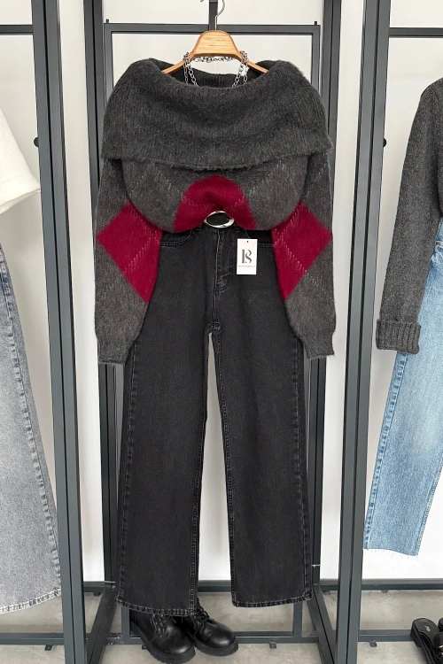 Baklava Desen Madonna Yaka Kazak Antrasit