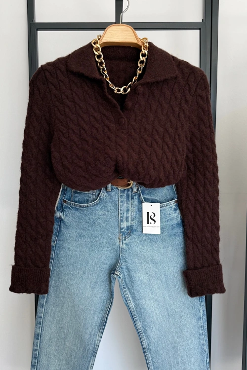 Balık Sırtı Polo Yaka Kazak Kahverengi