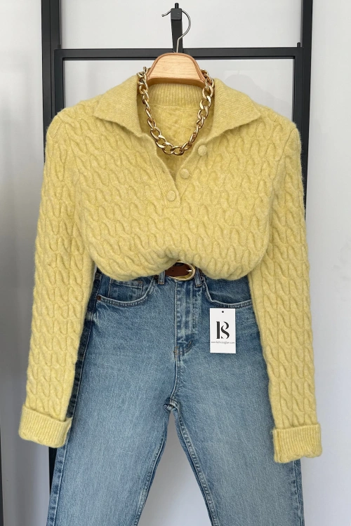 Balık Sırtı Polo Yaka Kazak Sarı