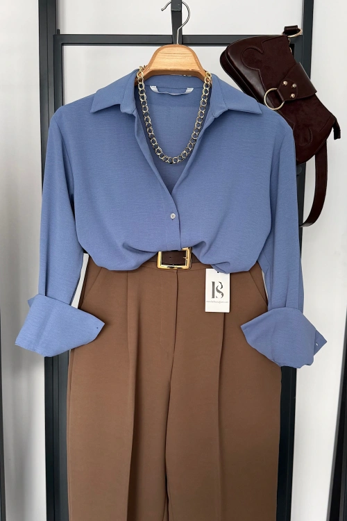 Basic Dokulu Gömlek İndigo