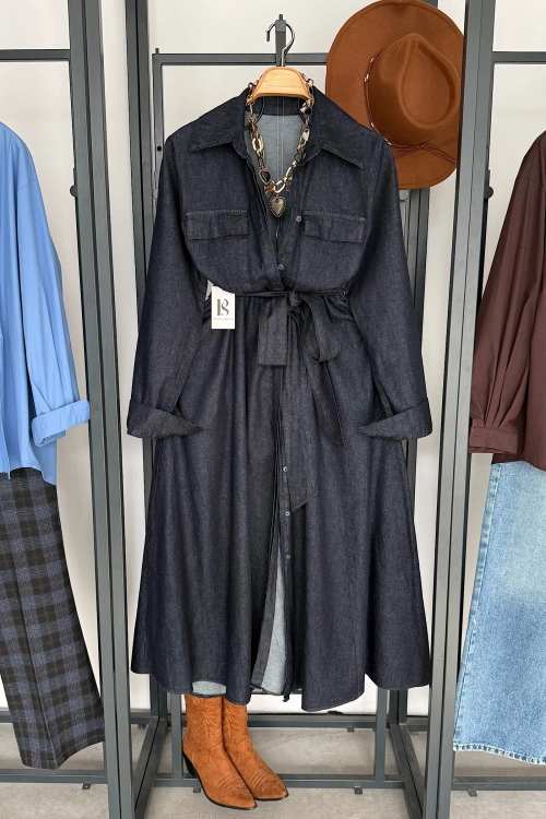 Bel Bağlamalı Denim Elbise Lacivert