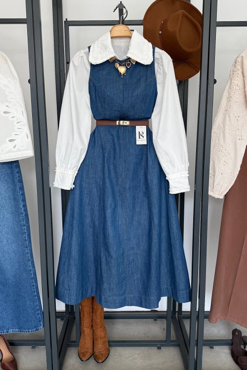 Bisiklet Yaka Kolsuz Premium Uzun Kot Elbise Mavi