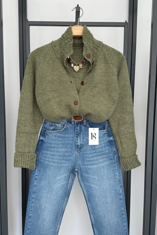 Boğazdan Düğmeli Hırka Açık Yeşil