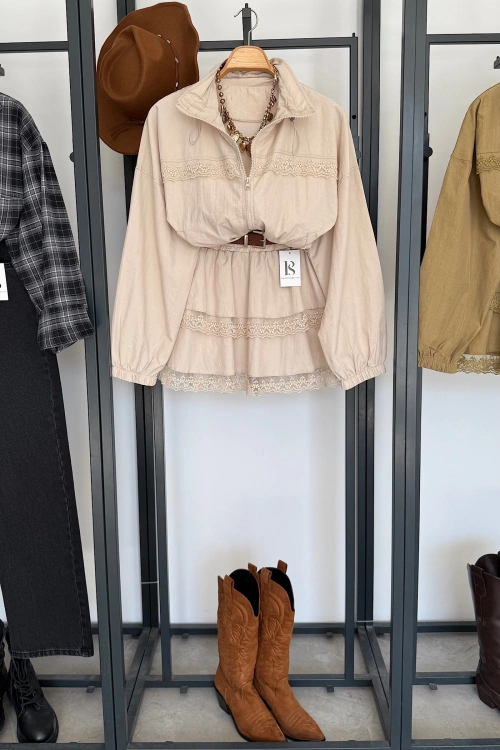 Bomber Ceket Etekli Takım Krem