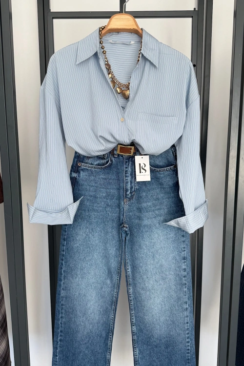 Cepli Çizgili Gömlek Mavi