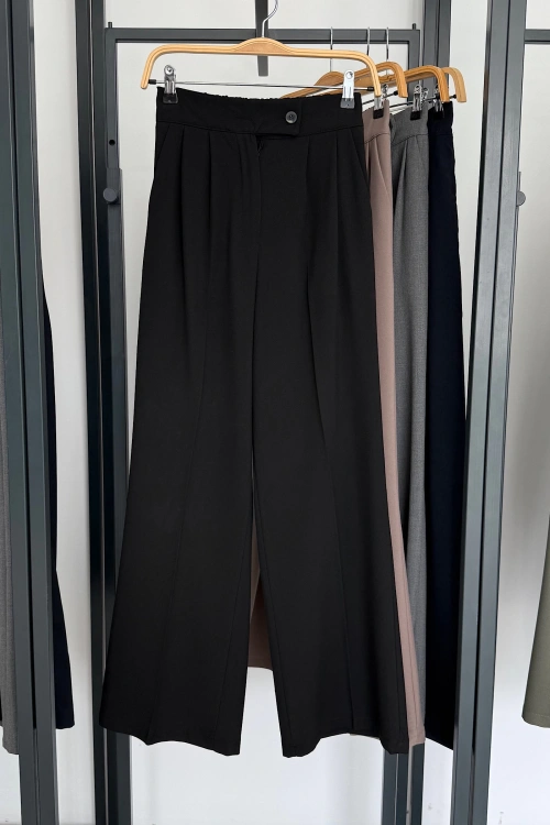 Çift Düğme Detay Elastikbel Pantolon Siyah