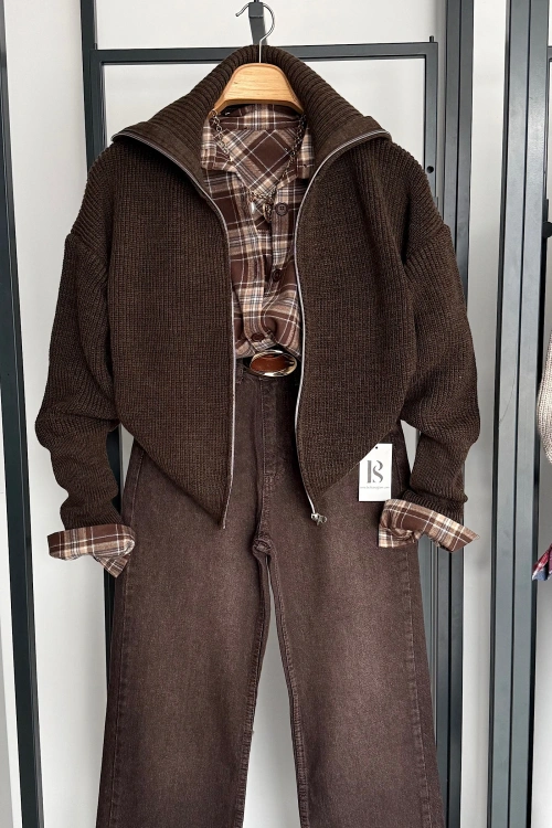 Çift Fermuarlı Hırka Kahve Melanj