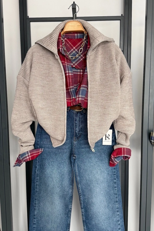 Çift Fermuarlı Hırka Koyu Bej