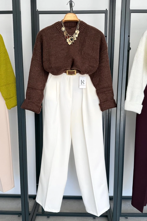 Çift Yaka Kazak Koyu Tarçın