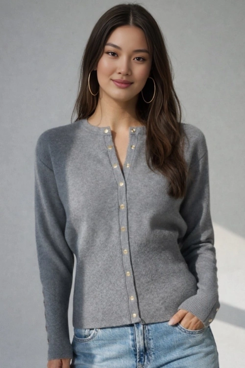 Çıtçıtlı Triko Hırka Koyu Gri