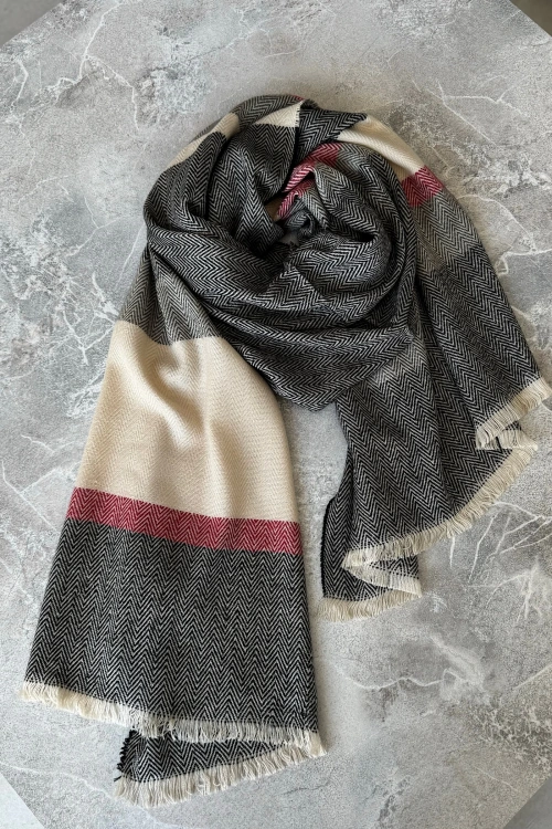 Çizgili Dokuma Şal Krem Siyah