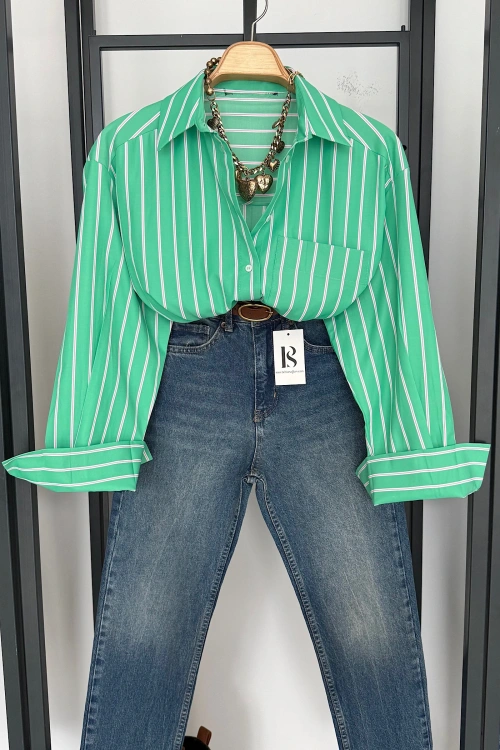 Çizgili Poplin Gömlek Yeşil