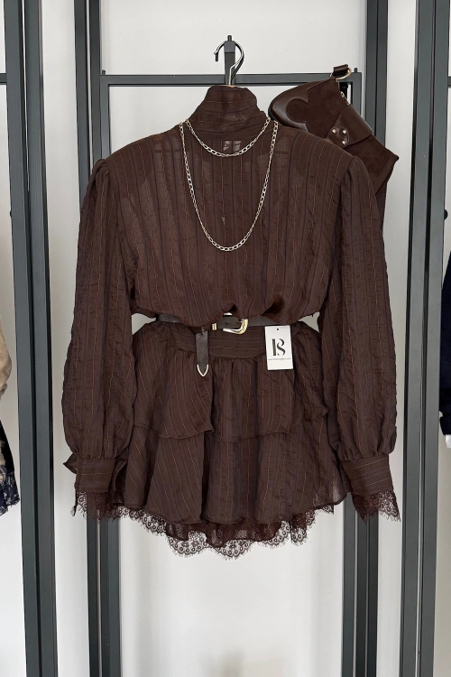 Dantel Detay Vatkalı Elbise Kahverengi