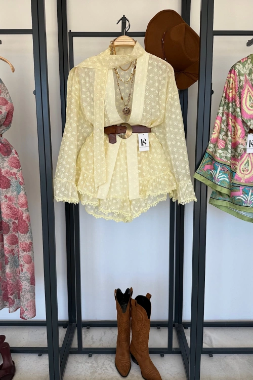 Premium Dantel Dokulu Kimono Şort Takım
