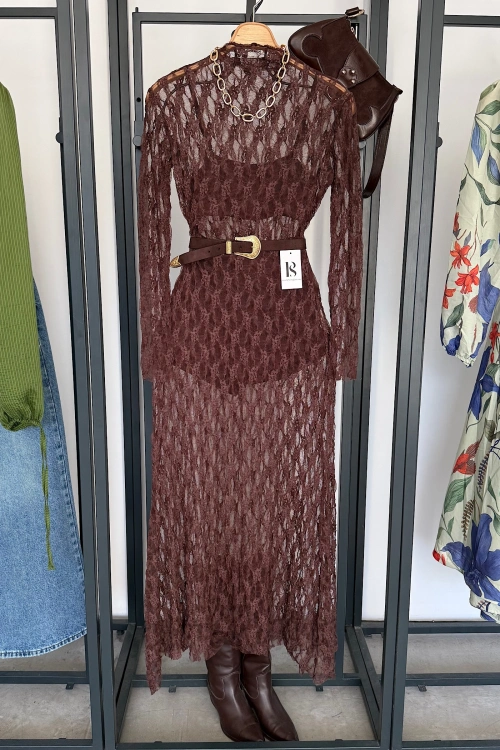 Dantel Maxi Elbise Kahverengi