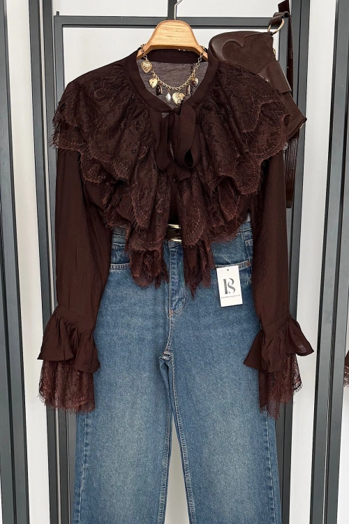 Dantelli Fransız Gömlek Kahverengi