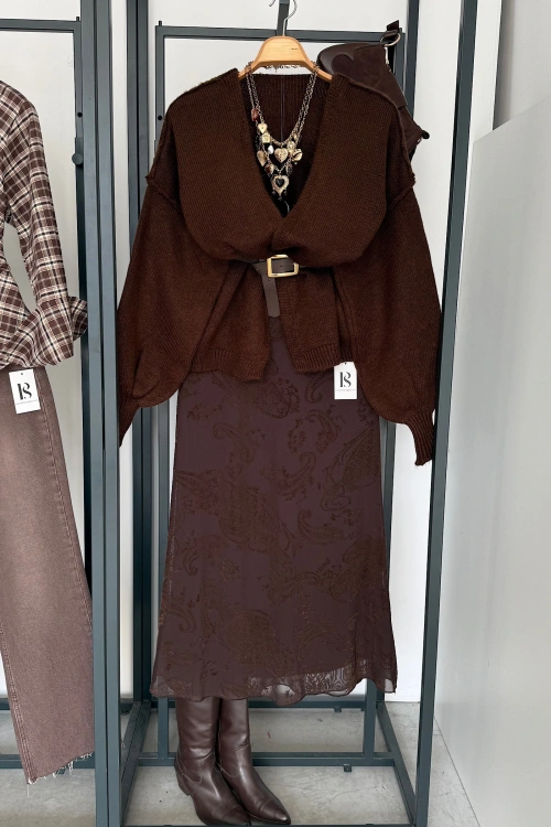 Desenli Beli Lastikli Etek Kahverengi