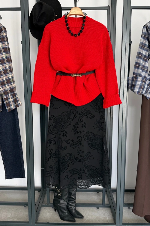 Desenli Beli Lastikli Etek Siyah