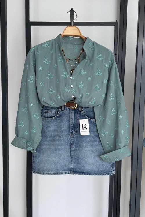 Dik Yaka Kendinden Nakışlı Gömlek Yeşil