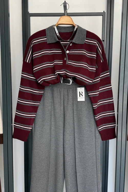 Düğmeli Polo Yaka Kazak Bordo-Antrasit