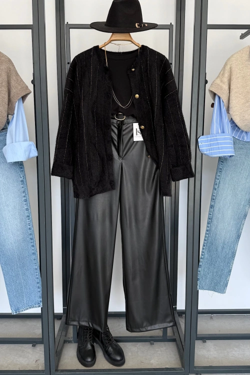 Düğmeli Simli Hırka Siyah