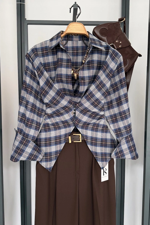 Ekose Desen Düğme Detaylı Gömlek Gri-Lacivert